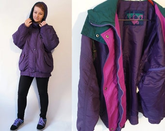 Vintage Sports Jacket Dark Purple Colour Hooded Ski Jacket Long Sleeves Winter Light Puffer Club sporstwear