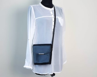 Vintage Black Leather Crossbody Bag, Small Messenger Style