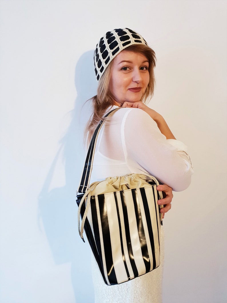 Vintage cream color crocheted hat with black satin ribbons classic beanie hat hipster style boho hippie style
