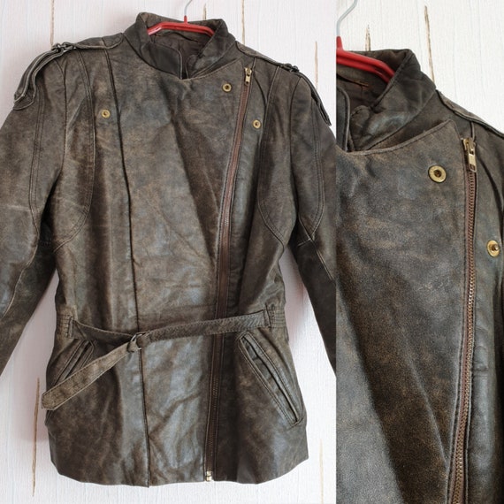 Real Leather Vintage Biker Jacket Womens Washed B… - image 6