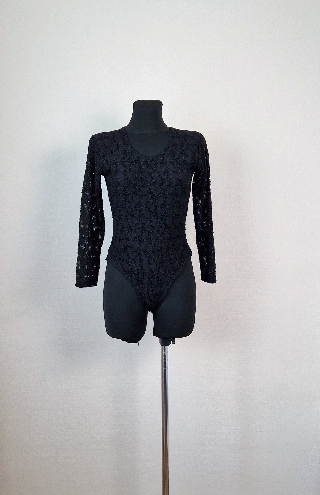 Vintage Black Lace Leotard, Women's Cotton Black Colour Bodysuit, One