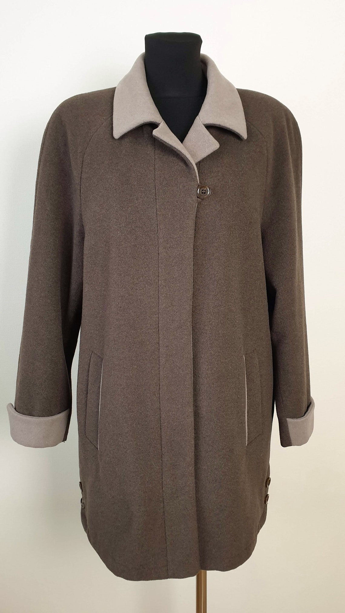 Vintage Wool Cashmere Coat, Brown & Beige Buttoned Overcoat, Size Small, foto 2 di 5