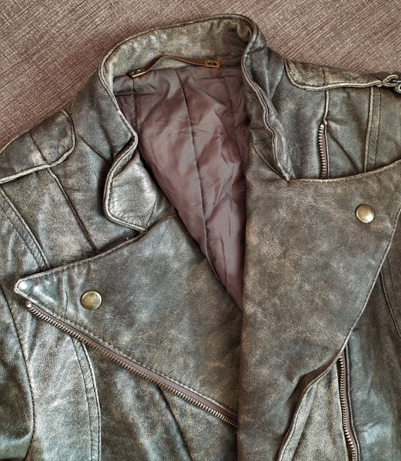Real Leather Vintage Biker Jacket Womens Washed B… - image 9