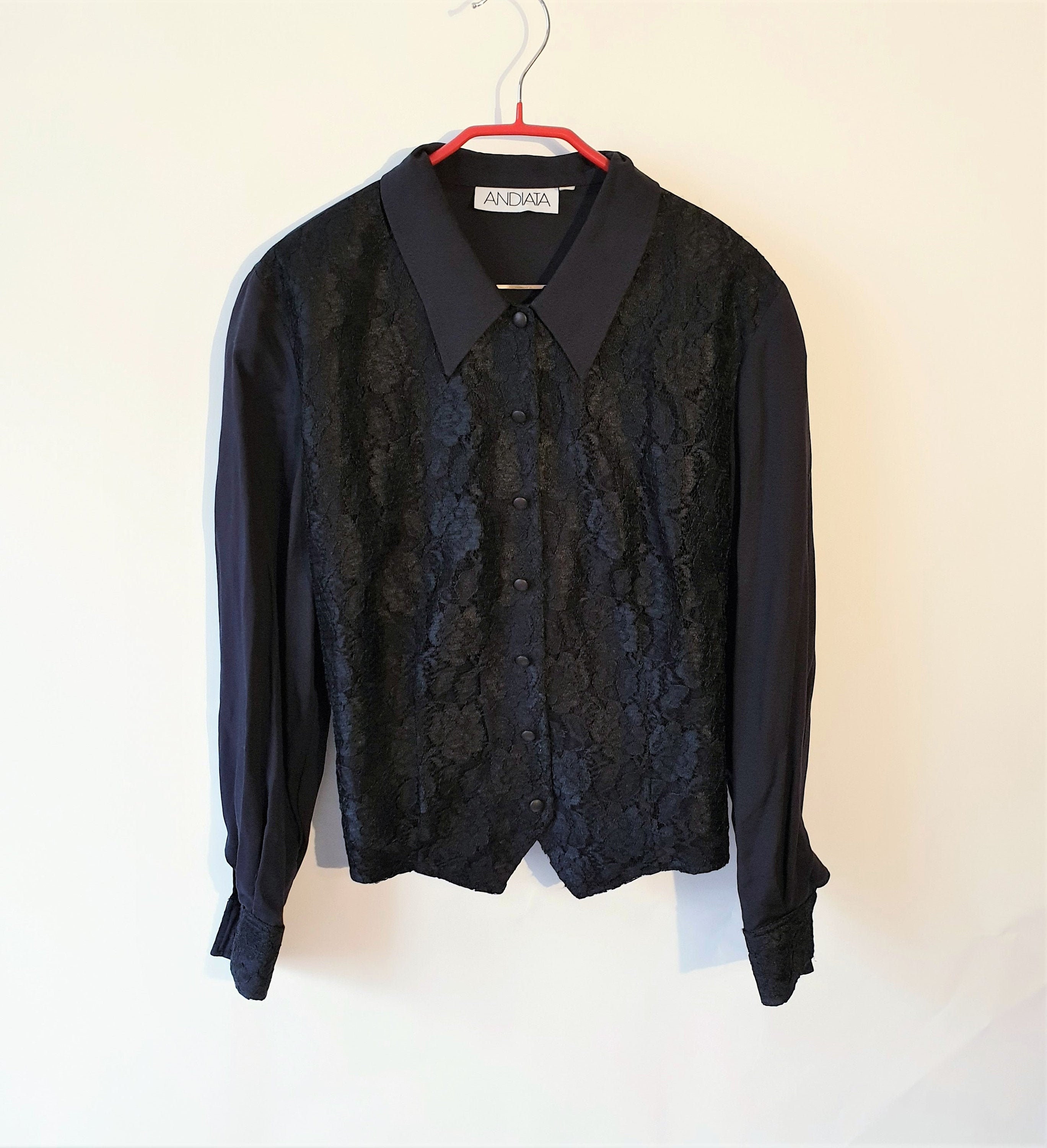 Black Lace Vintage Womens Shirt Long Sleeve Blouse Buttoned Etsy España