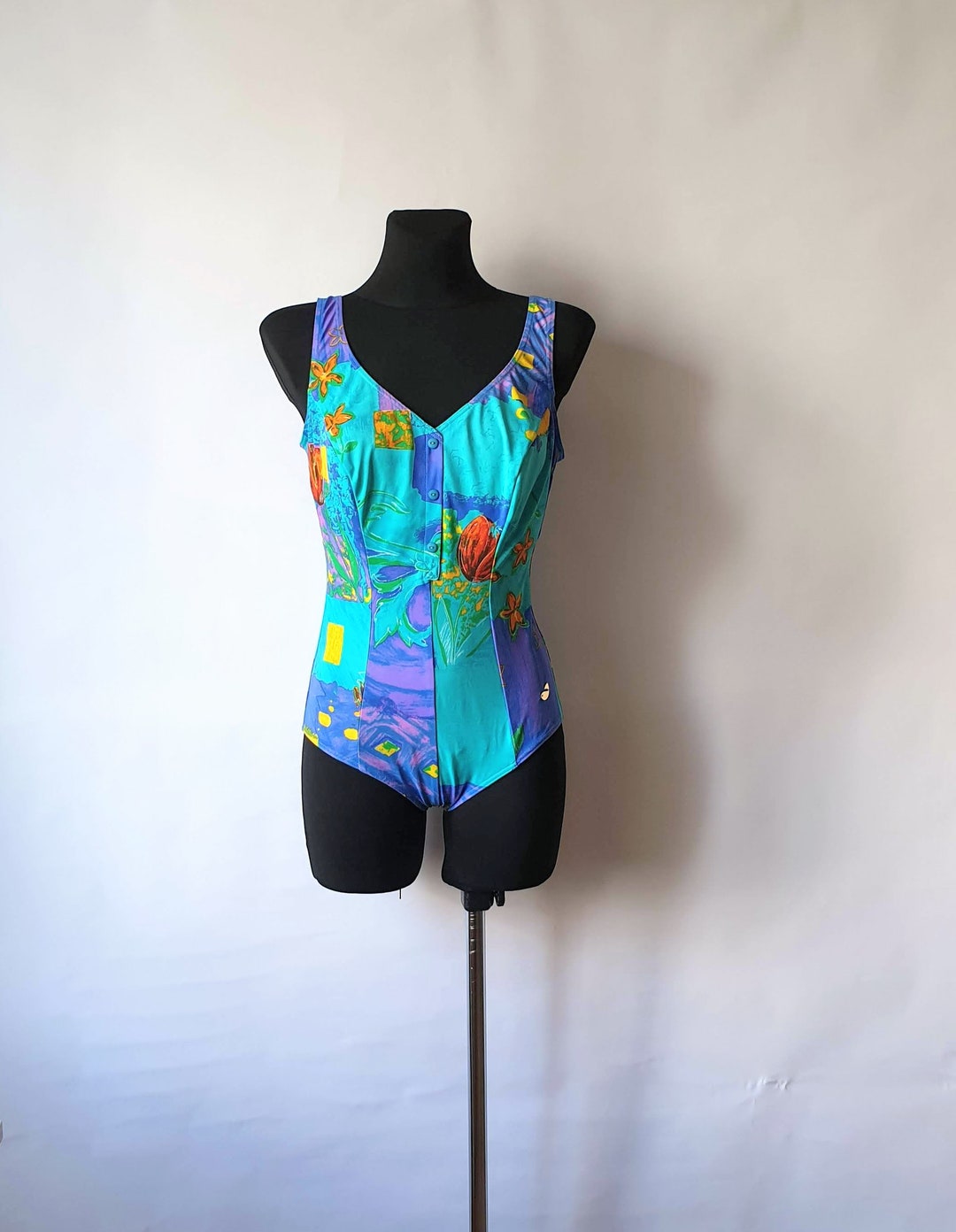 Vintage Women's Neon Swimsuit Onepiece Green and Purple Etsy