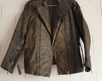 Real Leather Vintage Biker Jacket Womens Washed Brown Greenish Color Zipper jacket Waistband Belt Long Sleeves Size S Small