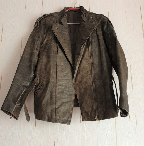 Real Leather Vintage Biker Jacket Womens Washed Brown Greenish Color Zipper jacket Waistband Belt Long Sleeves Size S Small