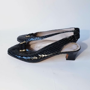 Vintage Classy Black Womens Open Back Shoes Real Leather Very Soft and Comfortable Pumps Snake Skin from Piel Florencia size 37