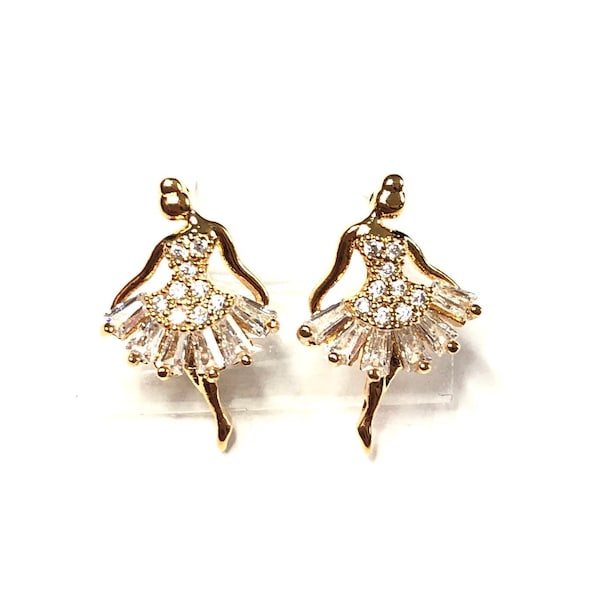 Dainty Gold-tone Elegant Small Ballet Dancer With Cubic Zirconia CZ Crystal Rhinestone Stud Post Earrings Jewelry A1860