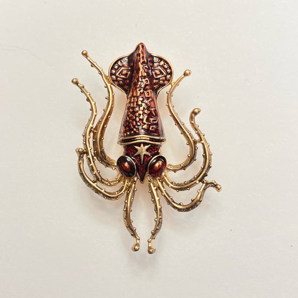 Gold-tone Brown Enamel Octopus Squid Animal Brooch Lapel Enamel Pin A24
