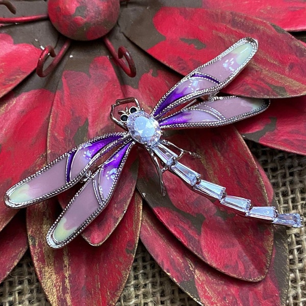 Silver-tone Purple & White Enamel Sparkly Rhinestone Crystal Dragonfly Enamel Brooch Lapel Pin Gift for Mom Wife Friend Garden A1846