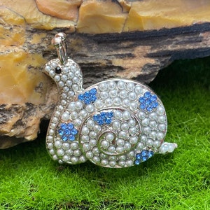 Blue and White Rhinestone and Faux Pearl Cute Snail Slug Insect Lapel Pin Brooch Jewelry Gift Slow and Steady Progress Gift A2174