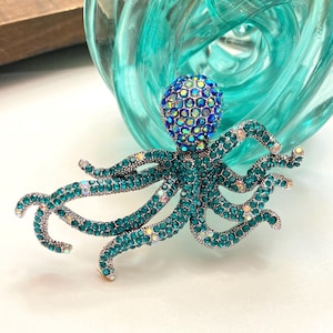 Oversize Large Statement Sapphire Blue and Green Rhinestone Octopus Sea Creature Seaside Beach Ocean Brooch Pin Jewelry A2182