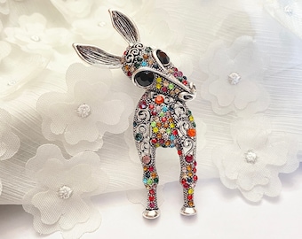 Super Cute Colorful Multi-Color Rhinestone Beads Tilted Head Curious Donkey Burro Animal Accessory Brooch Pin A1990