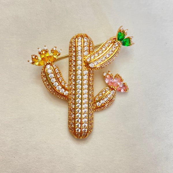 Crystal Rhinestone Flowering Cactus Plant Brooch Lapel Pin Mother's Day Jewelry Gift for Her SW Southwest Gift A1966