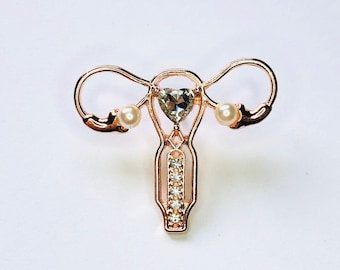 Rose Gold Tone Rhinestone & Faux Pearl Uterus Reproductive Female Anatomy Human Body Medical Brooch Pin Roe v Wade A1538