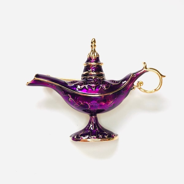 Vintage Inspired Purple Enamel Aladdin's Magic Genie Lamp Brooch Lapel Pin Jewelry Fairy Tale Make A Wish Good Luck Treasure  A1546