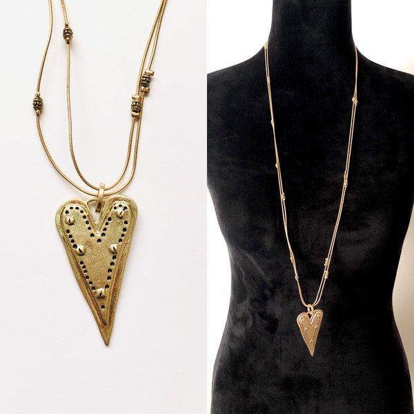 Vintage Inspired Long Gold-tone Unique Double Chain Heart Statement Sweater Tunic Pendant Charm Long Necklace Jewelry A1790