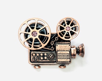 Copper-tone Enamel Rhinestone Vintage Movie Projector Reel to Reel Film  Brooch Pin Jewelry Film Lover Gift Oscars A1608 