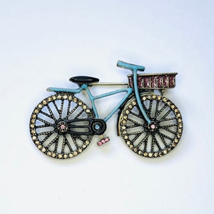 Adorable Blue Enamel and Golden Rhinestone Bicycle Bike with Pink Resin Glitter Basket Retro Brooch Pin A1217