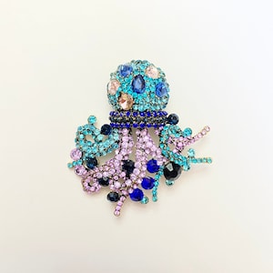 Oversize Large Statement Sea Blue Navy Blue Lavender Pink Rhinestone Octopus Sea Creature Seaside Beach Ocean Brooch Pin Jewelry A1919