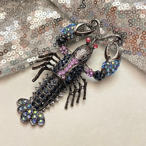 Large Oversize Statement Black Purple Blue Rhinestone Lobster Crayfish Brooch Pin Moveable Tail A2020