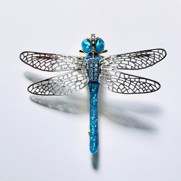 Gold & Silver-tone Large Statement Blue Resin Glitter Rhinestone Crystal Unique Dragonfly Brooch/Pendant Pin DIY Craft A1555