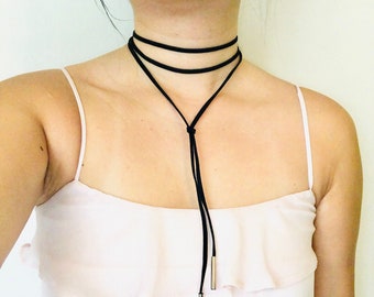 Vegan Suede Black Wrap Choker Long Black Faux Leather Choker with Silver-tone End Tips for women Necklace Jewelry