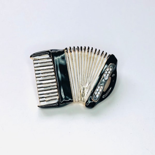 Gold-tone Black and White Enamel Delicate Accordion Brooch Pin Jewelry Music Lover Gift A1398