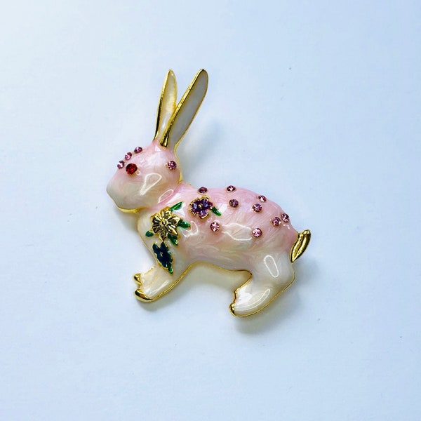 White Pink Rhinestone Flowers Bunny Rabbit Woodland Animal Easter Spring Wildlife Pet Brooch Enamel Pin Jewelry A1948