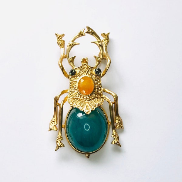 LARGE Statement Size Gold-tone Crystal Oversize Egyptian Scarab Beetle with Blue Resin Rhinestone Insects Brooch Pin Bug Lover Gift A1403