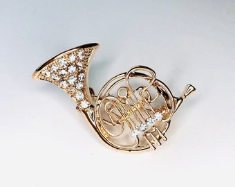 Tiny Jewel Crystal French Horn Brooch – 1.75" Sparkling Music-Themed Pin With Rollover Clasp