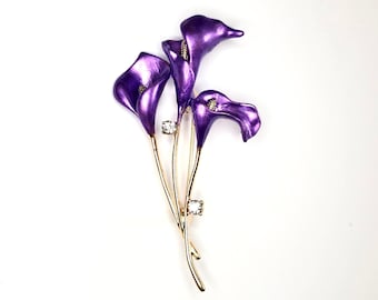Gold-tone Purple Enamel Calla Lily with Rhinestone Flower Floral Brooch Lapel Enamel Pin Flower Jewelry Gift A1853