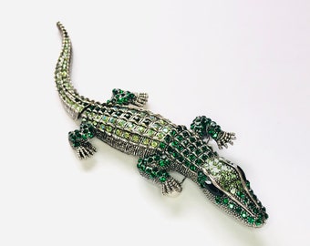 BIG Statement Silver-tone Oversize Dark and Light Green Rhinestone Alligator Crocodile Bendable Body Statement Brooch/Pendant Pin A1522