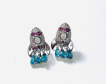 Adorable Silver-tone Rhinestone Rocket Ship with Blue Dangle Drop Crystal Stud Post Earrings Jewelry A267
