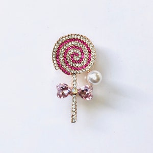 Rose Gold-tone Pink Rhinestone Swirl Candy Lollipop and Faux Pearl Brooch Candy Heart Lover Pin Baby Shower gift A1280