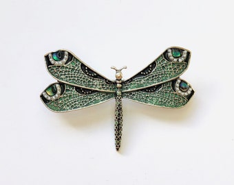 Silver-tone Green Enamel Faux Shell Dragonfly Insect Enamel Brooch Retro Lapel Badge DIY Craft Pin A1309