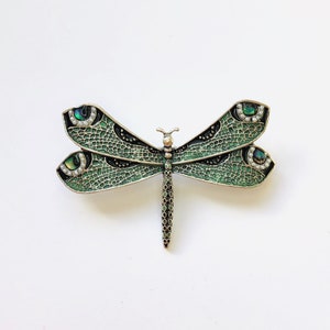 Silver-tone Green Enamel Faux Shell Dragonfly Insect Enamel Brooch Retro Lapel Badge DIY Craft Pin A1309