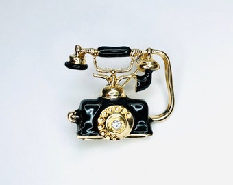 Retro Landline Vintage Phone Wired Telephone  Crystal Enamel Gold Color Brooch Pin Jewelry Gift A595