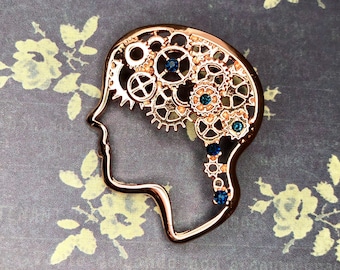 Crystals Mechanical Gear Brain Doctor Head Thinking Psychology Medical Artificial Intelligence Science Pin Jewelry A180