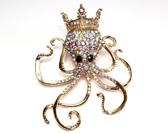 Large Statement Gold-tone Unique Rhinestone Sparkly Octopus With a Sparkly Gold Crown Queen with a 3D Crown Octopus Brooch Pin A1719