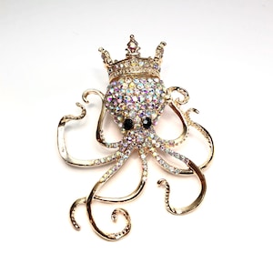 Large Statement Gold-tone Unique Rhinestone Sparkly Octopus With a Sparkly Gold Crown Queen with a 3D Crown Octopus Brooch Pin A1719