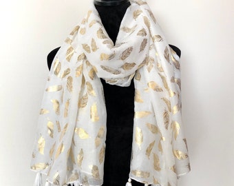 Foil Peacock Feather White Scarf Foil Peacock Feather White Scarf