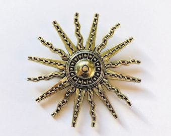 Large Brass-tone Metal Vintage Inspired Sun Brooch Sun of May Lapel Pin Jewelry Goddess God Aztec Astrology Space Science Weather A1300