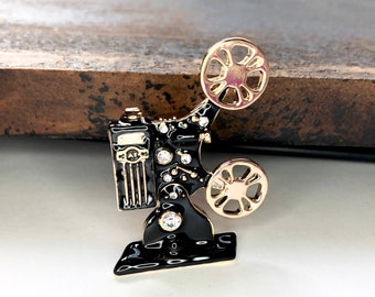 Gold-tone Black Enamel Rhinestone Vintage Movie Projector Reel to Reel Film Brooch Pin Jewelry Film lover gift idea A1523