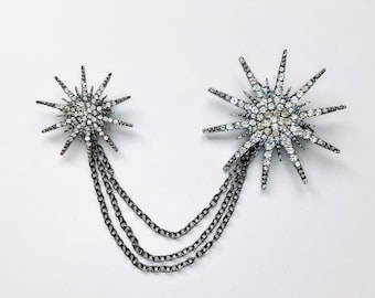 Large Double Sparkly Starburst Star Snowflake Art Deco Vintage Great Gatsby Jewelry Rhinestone Brooch Set with Chain Pin Gift A1148