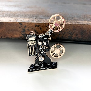 Gold-tone Black Enamel Rhinestone Vintage Movie Projector Reel to Reel Film Brooch Pin Jewelry Film lover gift idea A1523 image 1