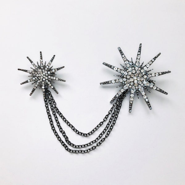 Large Double Sparkly Starburst Star Snowflake Art Deco Vintage Great Gatsby Jewelry Rhinestone Brooch Set with Chain Pin Gift A1148