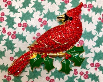 Large Oversize Statement Winter Red Cardinal Rhinestone Bird Brooch Enamel Pin Christmas Angels are Near Jewelry Gift Accessory Gift for Mom