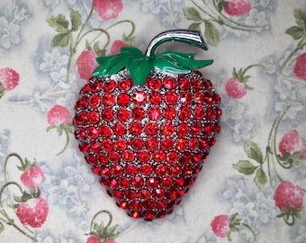 Oversize Statement Large Red Rhinestones Strawberry Fruit Brooch Lapel Pin Jewelry Farmer's Market Gift Sweet Gift for Her Berry A27